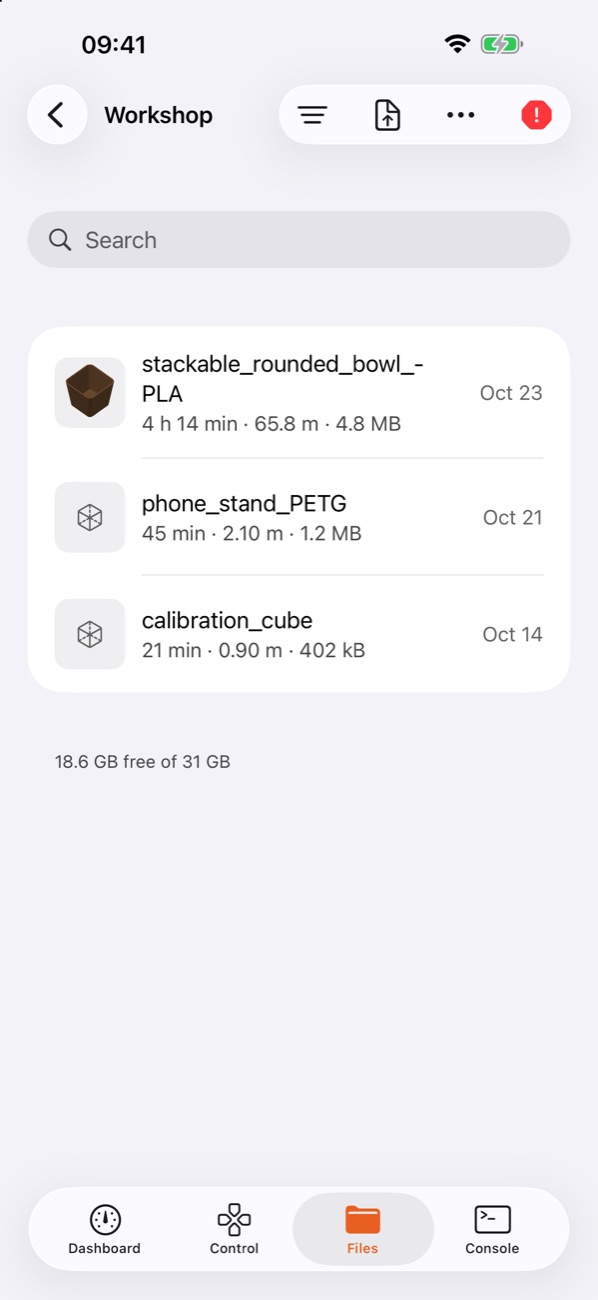 G-code files with thumbnails, print time and filament