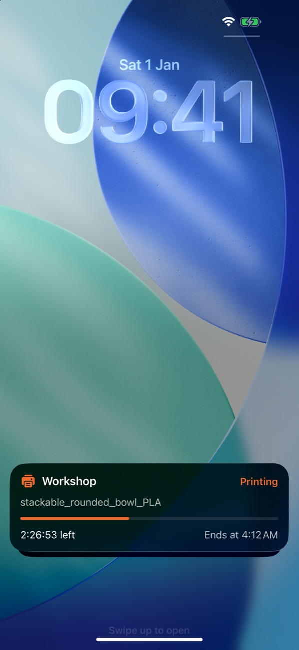 The KlippBoy Live Activity on the iPhone Lock Screen, with the print's progress and time left
